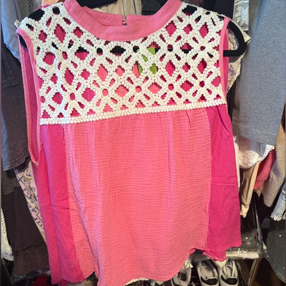 POL Pink Blouse with White Crochet Yoke